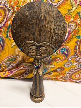 Hand-Carved Wooden African Figurine with Bead Accents - Brown
